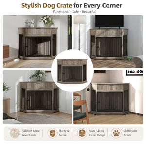 English Elm 44.6 Inch Corner Dog Crate Cabinet with Fluted Drawer MDF End Table for Small Medium Pets W5216P494371