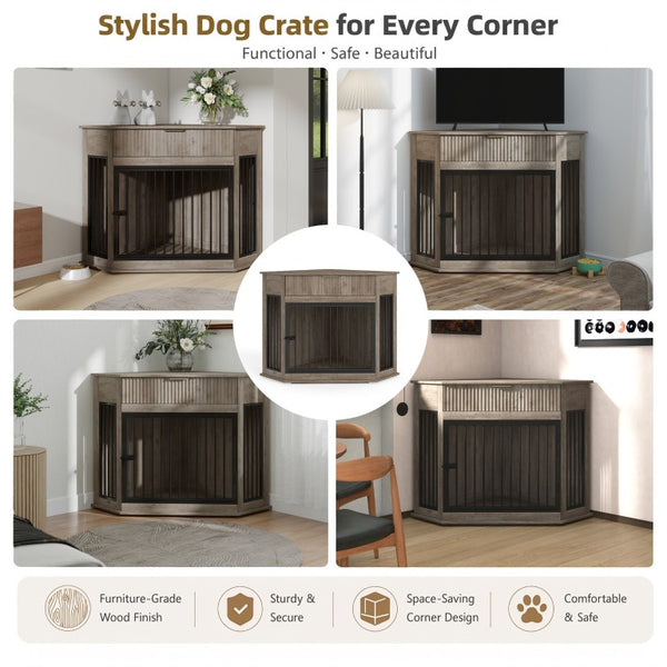English Elm 44.6 Inch Corner Dog Crate Cabinet with Fluted Drawer MDF End Table for Small Medium Pets W5216P494371