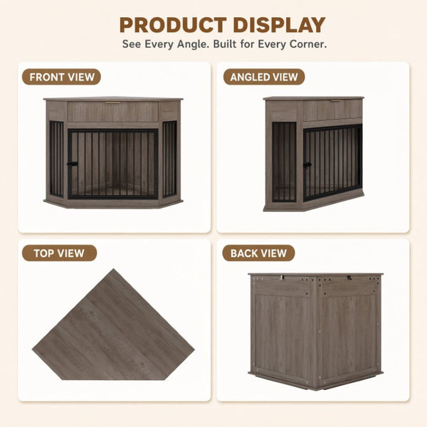 English Elm 44.6 Inch Corner Dog Crate Cabinet with Fluted Drawer MDF End Table for Small Medium Pets W5216P494371