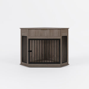 English Elm 44.6 Inch Corner Dog Crate Cabinet with Fluted Drawer MDF End Table for Small Medium Pets W5216P494371