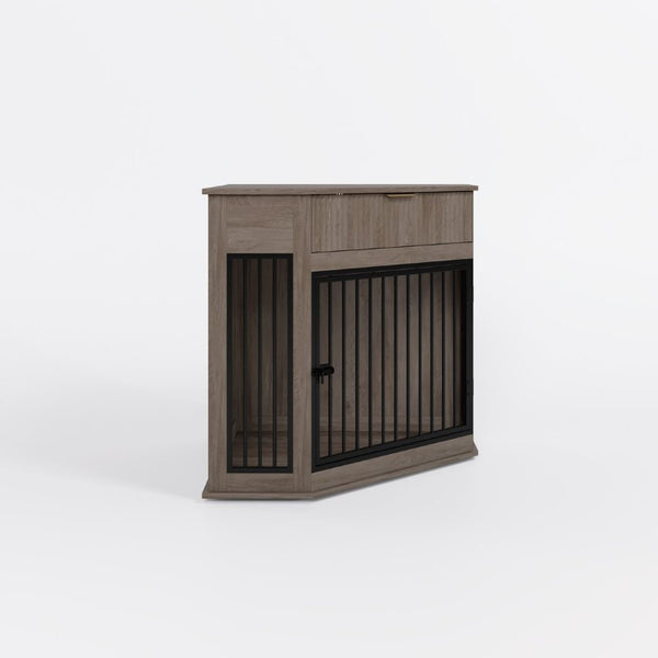 English Elm 44.6 Inch Corner Dog Crate Cabinet with Fluted Drawer MDF End Table for Small Medium Pets W5216P494371