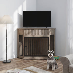 English Elm 44.6 Inch Corner Dog Crate Cabinet with Fluted Drawer MDF End Table for Small Medium Pets W5216P494371