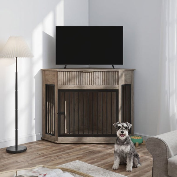 English Elm 44.6 Inch Corner Dog Crate Cabinet with Fluted Drawer MDF End Table for Small Medium Pets W5216P494371