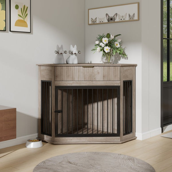 English Elm 44.6 Inch Corner Dog Crate Cabinet with Fluted Drawer MDF End Table for Small Medium Pets W5216P494371