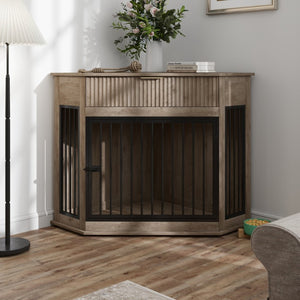 English Elm 44.6 Inch Corner Dog Crate Cabinet with Fluted Drawer MDF End Table for Small Medium Pets W5216P494371
