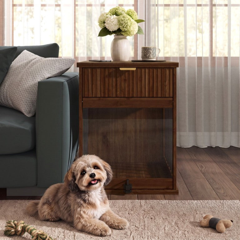 English Elm Dog Kennel End Table Walnut MDF Furniture with Charging Hub and Pull Out Drawer W5216P522807