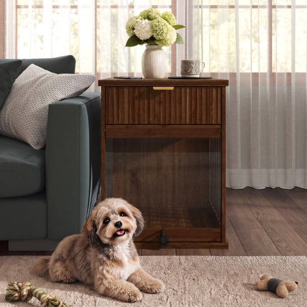 English Elm Dog Kennel End Table Walnut MDF Furniture with Charging Hub and Pull Out Drawer W5216P522807