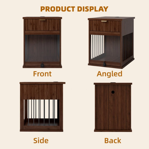 English Elm Dog Kennel End Table Walnut MDF Furniture with Charging Hub and Pull Out Drawer W5216P522807
