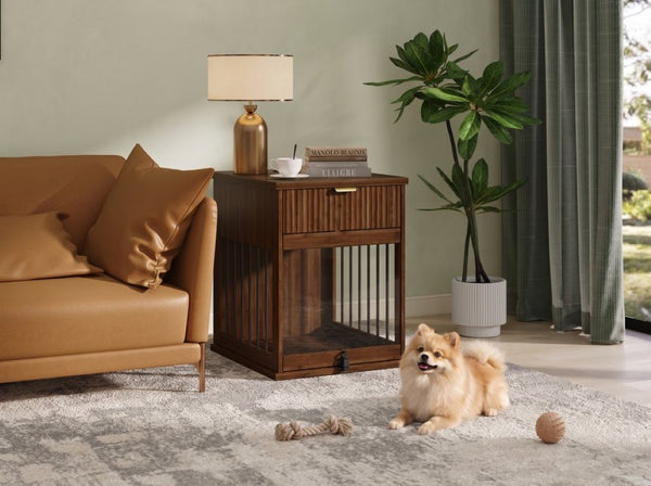 English Elm Dog Kennel End Table Walnut MDF Furniture with Charging Hub and Pull Out Drawer W5216P522807