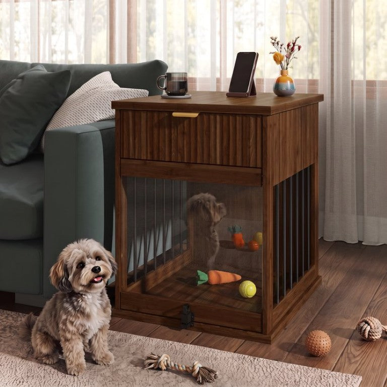 English Elm Dog Kennel End Table Walnut MDF Furniture with Charging Hub and Pull Out Drawer W5216P522807