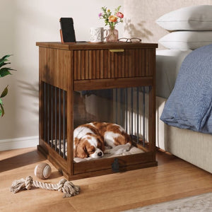 English Elm Dog Kennel End Table Walnut MDF Furniture with Charging Hub and Pull Out Drawer W5216P522807