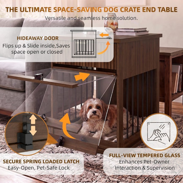 English Elm Dog Kennel End Table Walnut MDF Furniture with Charging Hub and Pull Out Drawer W5216P522807