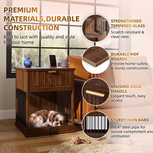 English Elm Dog Kennel End Table Walnut MDF Furniture with Charging Hub and Pull Out Drawer W5216P522807