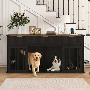 English Elm 71 Inch Double Dog Crate Console with Fluted Drawers Walnut Top and Built in Power Station W5216S00004