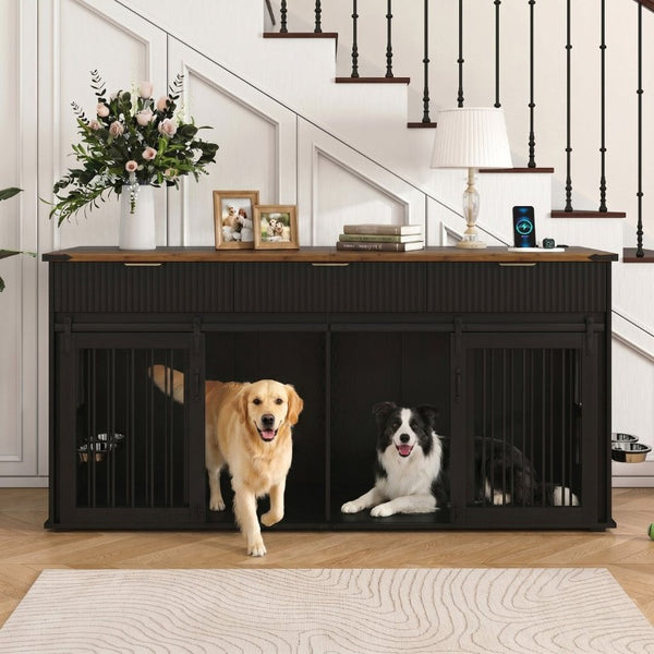 English Elm 71 Inch Double Dog Crate Console with Fluted Drawers Walnut Top and Built in Power Station W5216S00004