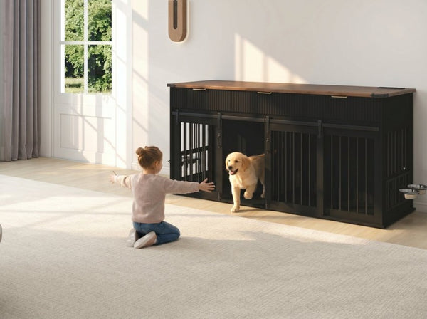 English Elm 71 Inch Double Dog Crate Console with Fluted Drawers Walnut Top and Built in Power Station W5216S00004