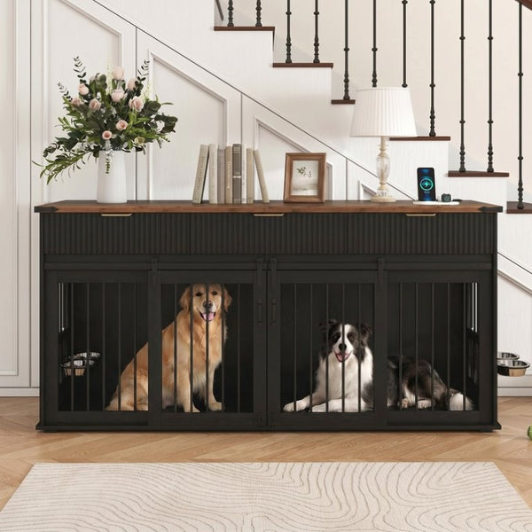 English Elm 71 Inch Double Dog Crate Console with Fluted Drawers Walnut Top and Built in Power Station W5216S00004