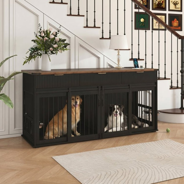 English Elm 71 Inch Double Dog Crate Console with Fluted Drawers Walnut Top and Built in Power Station W5216S00004