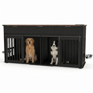 English Elm 71 Inch Double Dog Crate Console with Fluted Drawers Walnut Top and Built in Power Station W5216S00004