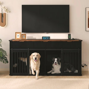 English Elm 71 Inch Double Dog Crate Console with Fluted Drawers Walnut Top and Built in Power Station W5216S00004