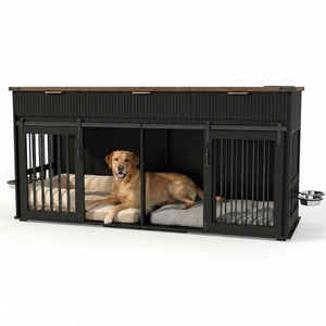 English Elm 71 Inch Double Dog Crate Console with Fluted Drawers Walnut Top and Built in Power Station W5216S00004
