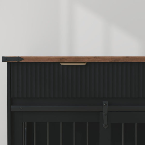 English Elm 71 Inch Double Dog Crate Console with Fluted Drawers Walnut Top and Built in Power Station W5216S00004