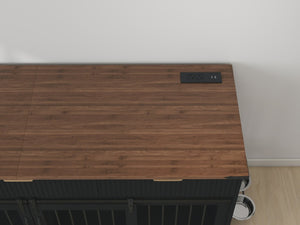 English Elm 71 Inch Double Dog Crate Console with Fluted Drawers Walnut Top and Built in Power Station W5216S00004