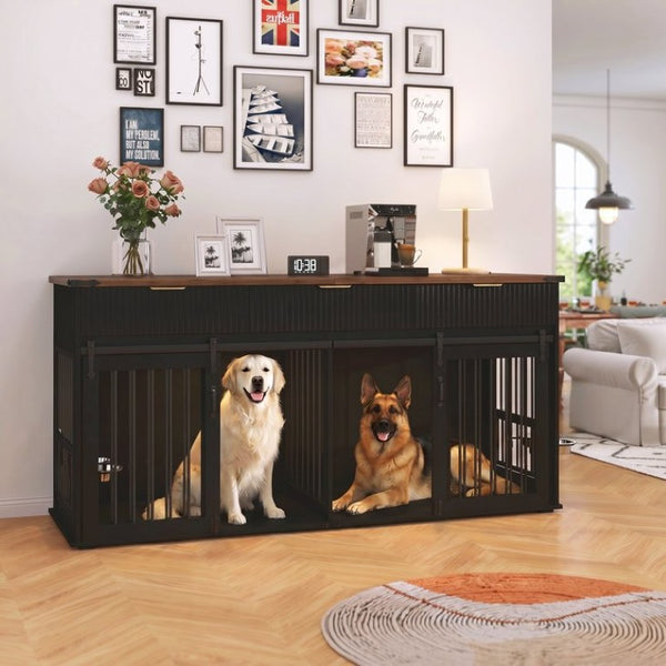 English Elm 71 Inch Double Dog Crate Console with Fluted Drawers Walnut Top and Built in Power Station W5216S00004