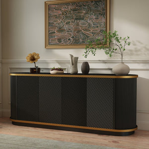 English Elm 63 Inch Fluted Buffet Sideboard with Faux Marble Top Gold Trim and Soft Close Doors W5216S00005