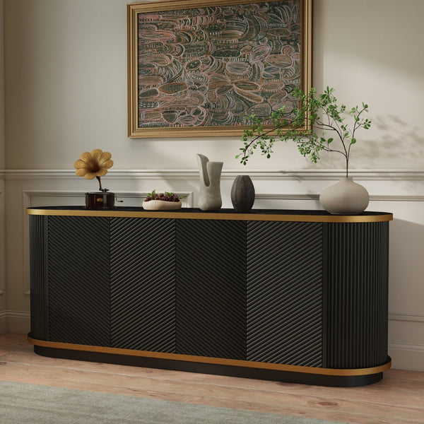 English Elm 63 Inch Fluted Buffet Sideboard with Faux Marble Top Gold Trim and Soft Close Doors W5216S00005