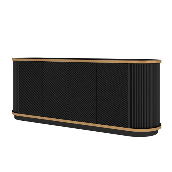 English Elm 63 Inch Fluted Buffet Sideboard with Faux Marble Top Gold Trim and Soft Close Doors W5216S00005