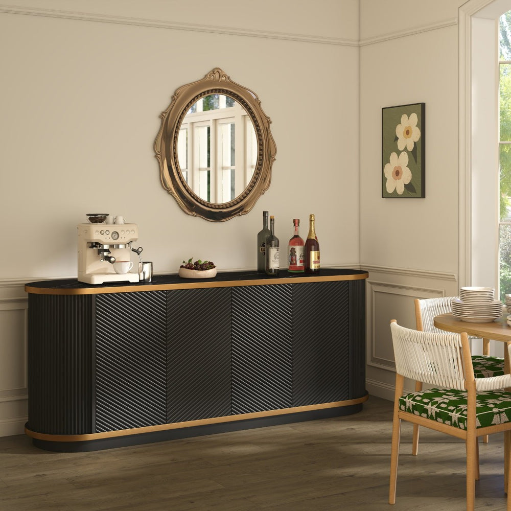 English Elm 63 Inch Fluted Buffet Sideboard with Faux Marble Top Gold Trim and Soft Close Doors W5216S00005