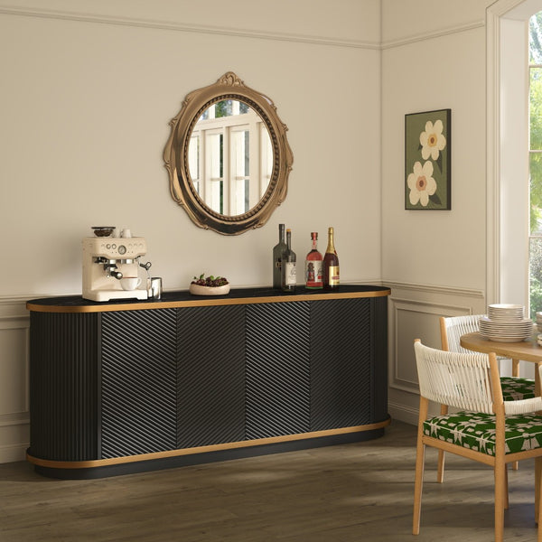 English Elm 63 Inch Fluted Buffet Sideboard with Faux Marble Top Gold Trim and Soft Close Doors W5216S00005
