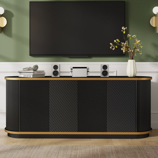 English Elm 63 Inch Fluted Buffet Sideboard with Faux Marble Top Gold Trim and Soft Close Doors W5216S00005