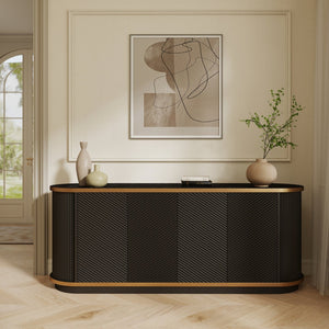 English Elm 63 Inch Fluted Buffet Sideboard with Faux Marble Top Gold Trim and Soft Close Doors W5216S00005