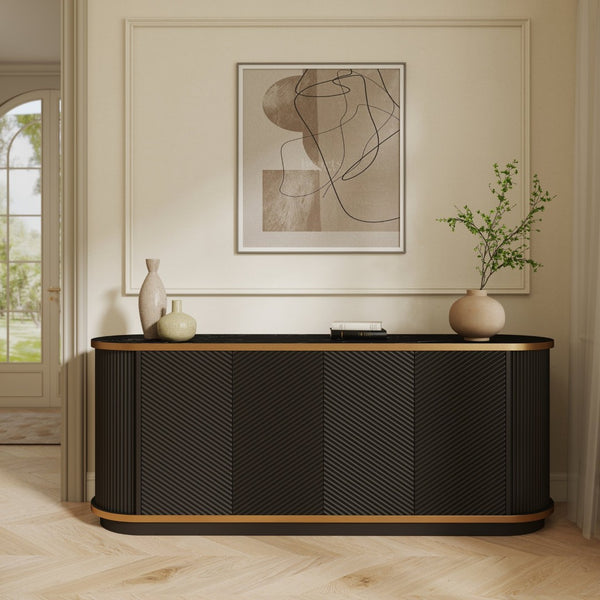 English Elm 63 Inch Fluted Buffet Sideboard with Faux Marble Top Gold Trim and Soft Close Doors W5216S00005