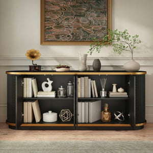 English Elm 63 Inch Fluted Buffet Sideboard with Faux Marble Top Gold Trim and Soft Close Doors W5216S00005