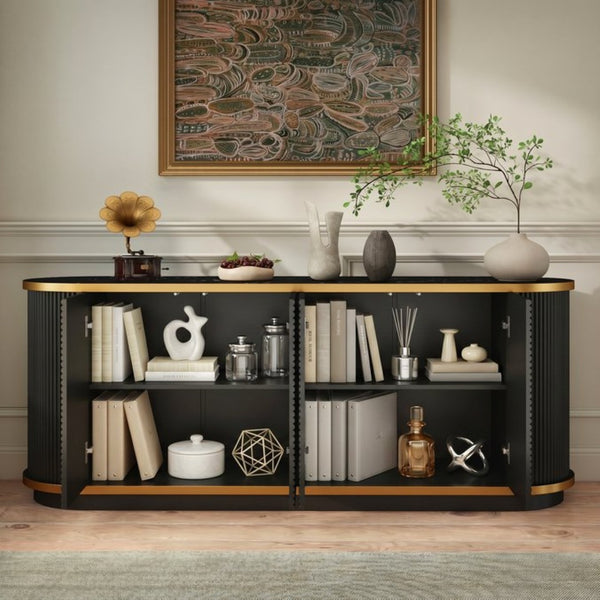English Elm 63 Inch Fluted Buffet Sideboard with Faux Marble Top Gold Trim and Soft Close Doors W5216S00005