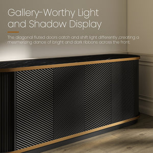 English Elm 63 Inch Fluted Buffet Sideboard with Faux Marble Top Gold Trim and Soft Close Doors W5216S00005