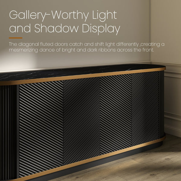 English Elm 63 Inch Fluted Buffet Sideboard with Faux Marble Top Gold Trim and Soft Close Doors W5216S00005