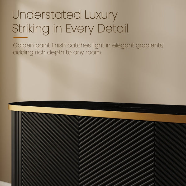 English Elm 63 Inch Fluted Buffet Sideboard with Faux Marble Top Gold Trim and Soft Close Doors W5216S00005