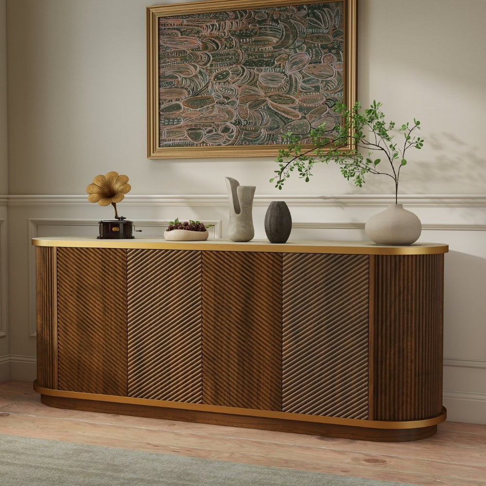 English Elm 63 Inch Fluted Walnut Sideboard with Faux Marble Top Gold Trim and Soft Close Doors W5216S00006