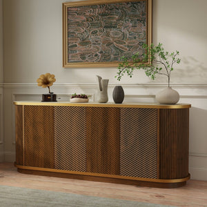 English Elm 63 Inch Fluted Walnut Sideboard with Faux Marble Top Gold Trim and Soft Close Doors W5216S00006