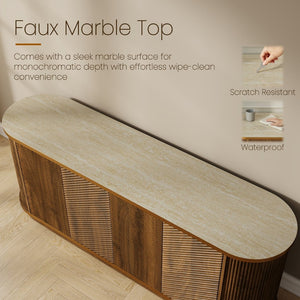 English Elm 63 Inch Fluted Walnut Sideboard with Faux Marble Top Gold Trim and Soft Close Doors W5216S00006