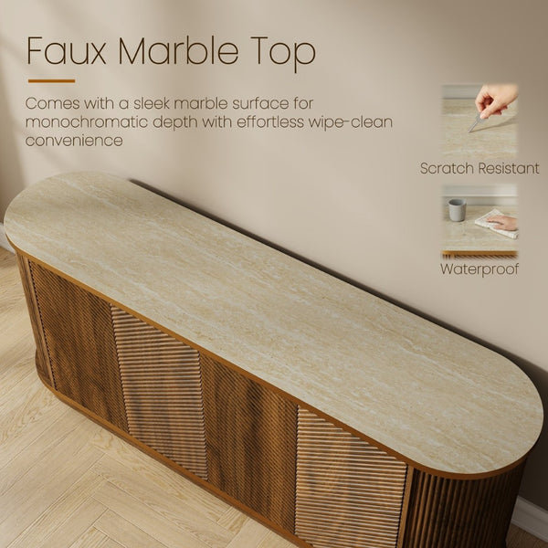 English Elm 63 Inch Fluted Walnut Sideboard with Faux Marble Top Gold Trim and Soft Close Doors W5216S00006