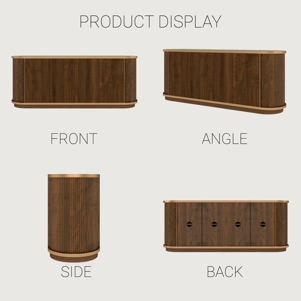 English Elm 63 Inch Fluted Walnut Sideboard with Faux Marble Top Gold Trim and Soft Close Doors W5216S00006
