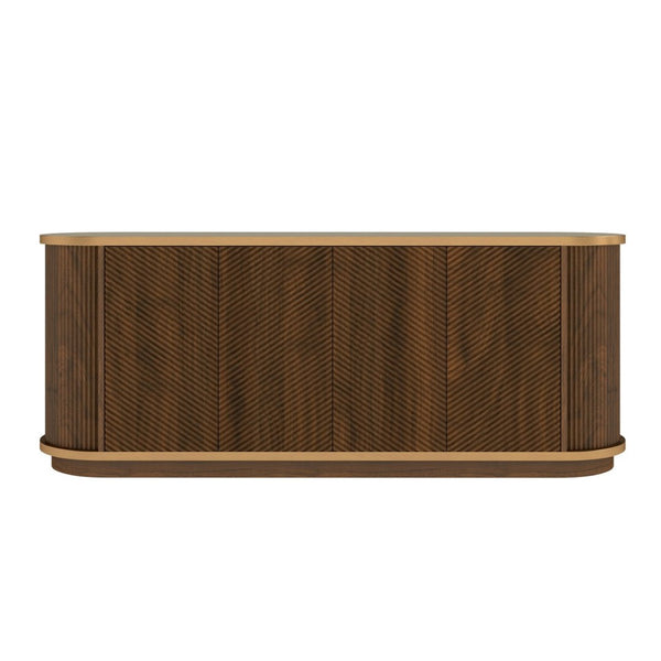 English Elm 63 Inch Fluted Walnut Sideboard with Faux Marble Top Gold Trim and Soft Close Doors W5216S00006