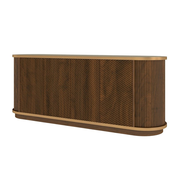 English Elm 63 Inch Fluted Walnut Sideboard with Faux Marble Top Gold Trim and Soft Close Doors W5216S00006