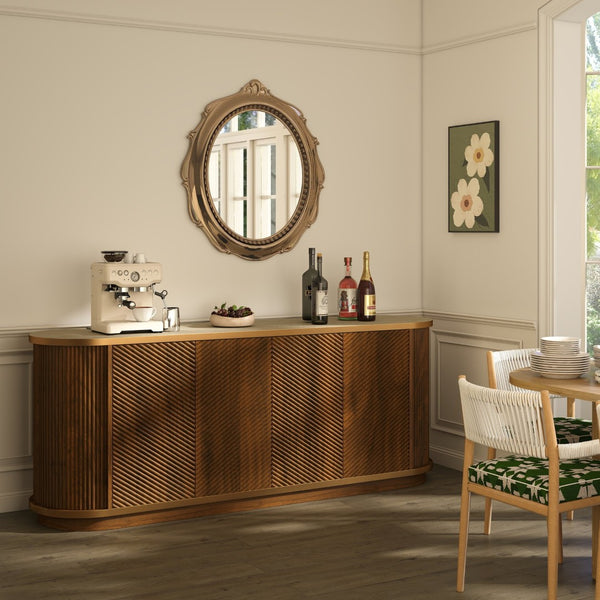 English Elm 63 Inch Fluted Walnut Sideboard with Faux Marble Top Gold Trim and Soft Close Doors W5216S00006