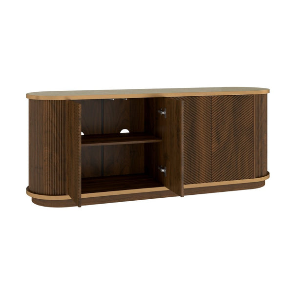 English Elm 63 Inch Fluted Walnut Sideboard with Faux Marble Top Gold Trim and Soft Close Doors W5216S00006